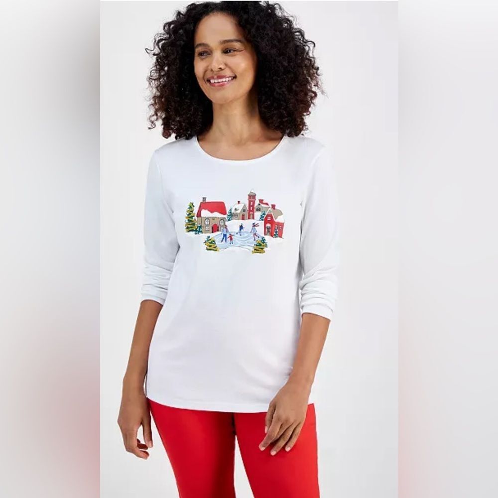 Holiday Lane Petite Long-Sleeve Graphic-Print T-Shirt